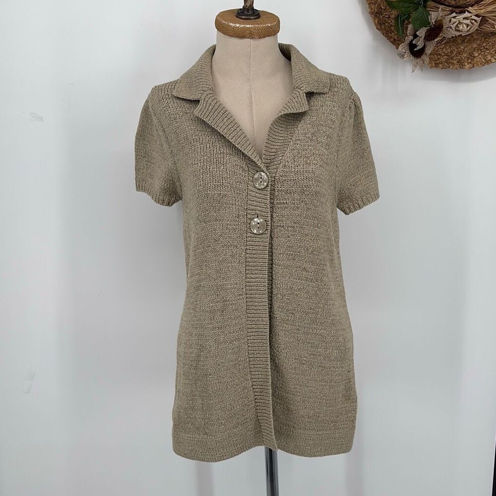 August Silk Collared Short Sleeve Knit Tunic Top Beige M